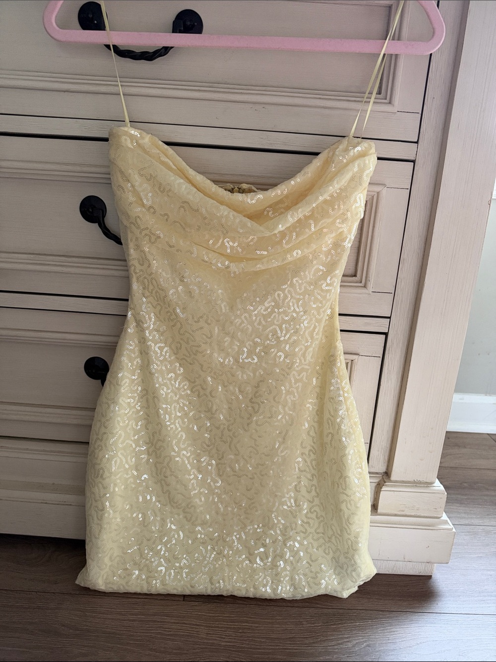 Yellow Sequin Cowl Neck Mini Dress